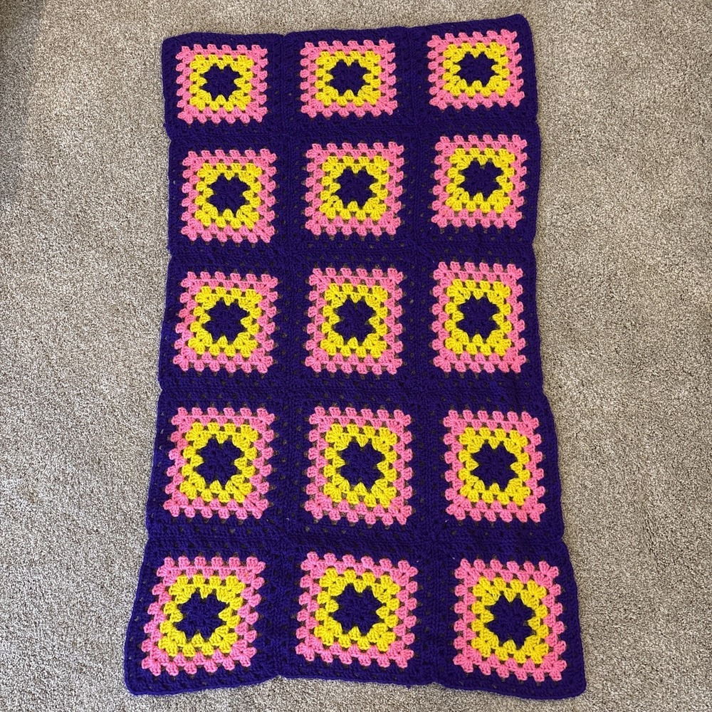 Handmade Crocheted‎ Granny Square Afghan Blanket Purple Pink Yellow 48.5x27.5"